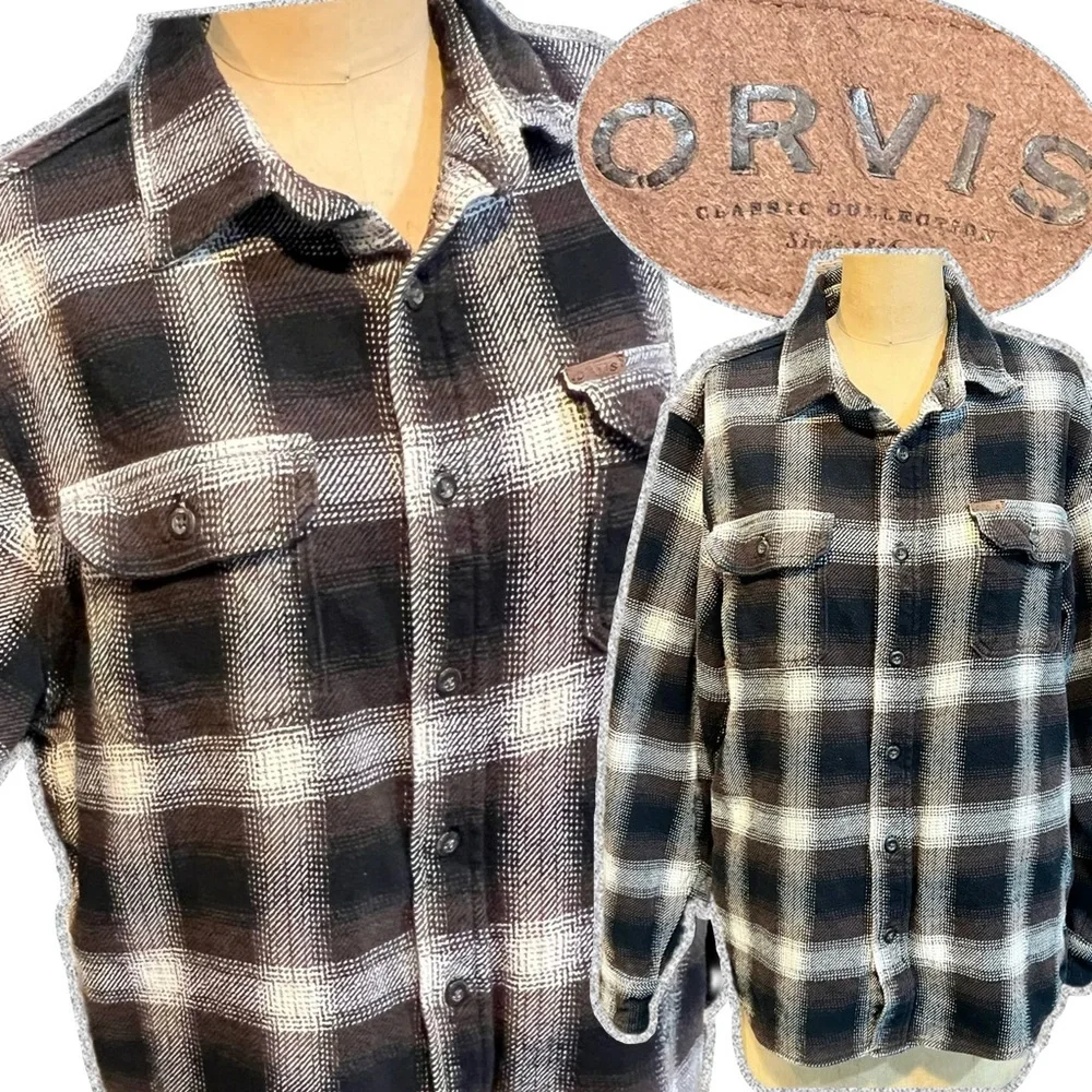 Orvis earthy tartan plaid flannel heavy shirt jacket shacket button down neutral